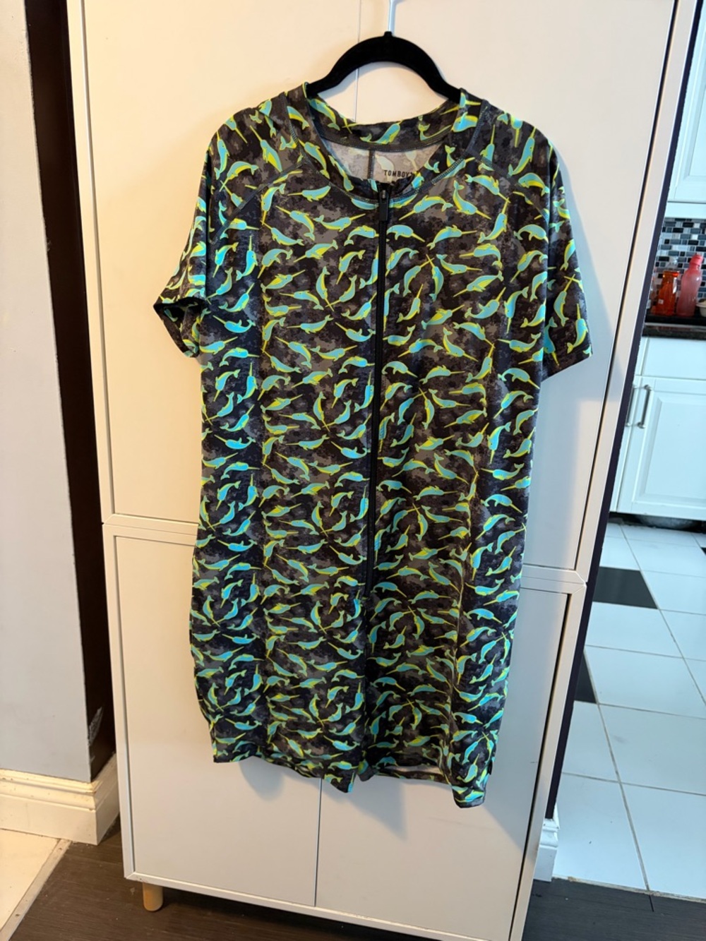 TomboyX Black swimsuit with Neon Green & Teal Print